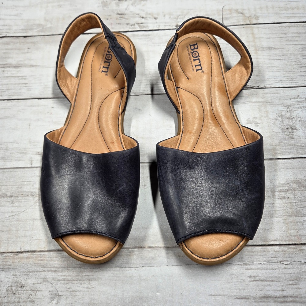 Born F18834 Slingback Sandal Flat Women 9M Navy Blue Leather Open Toe Comfort